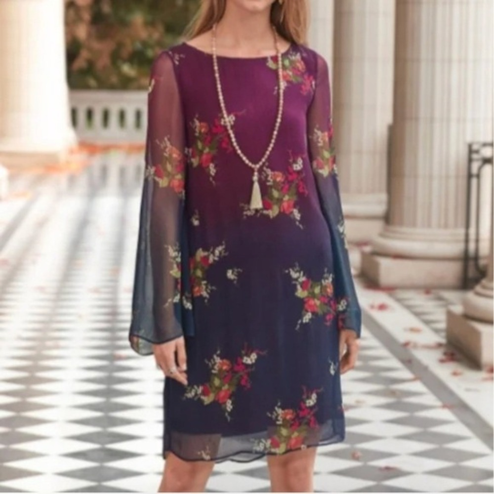 Sundance Vandenberg Dress Medium‎ Petite Purple Ombre Floral Chiffon Bell Sleeve